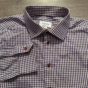 Eton Shirt Mens XL 17 Red Blue Gingham Check Cotton Contemporary Fit Luxury